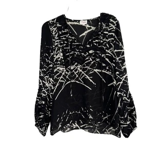 PARKER Silk Oversized Popover Long Sleeve Blouse Black White Print SMALL - Picture 1 of 12