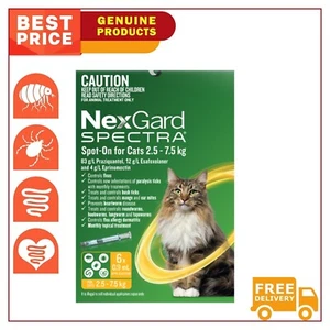 Nexgard Spectra Spot-on Flea Heartworm for Cats 2.5 to 7.5 Kg Yellow 6 Pipettes - Picture 1 of 2