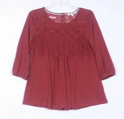Jolt Womens Top Size M Red Lace Blouse Embroidered Button Back 3/4 Sleeves - Image 1 of 4