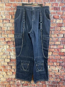 Hot Topic Dark Blue Denim Grommet Pants With Suspenders Size 16 - Picture 1 of 3