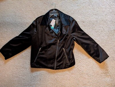 Chaqueta de moto Coffee Shop para mujer asimétrica con cremallera, terciopelo negro.  Plus 3x Foto 1 de 4