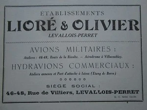 1923-28 PUB LIORE ET OLIVIER LEVALLOIS PERRET AVION HYDRAVION ORIGINAL FRENCH AD - Picture 1 of 1