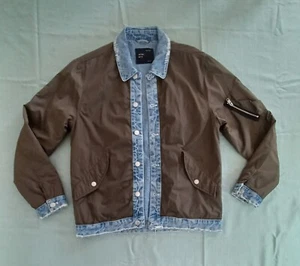 Zara Man Denim Flight Jacket Mens Size L Army Green Olive Bomber Colorblock - Picture 1 of 22