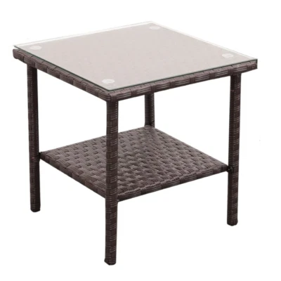 Outdoor PE Wicker Side Table, Square Patio Table with Glass Top Furniture - Image 1 of 4