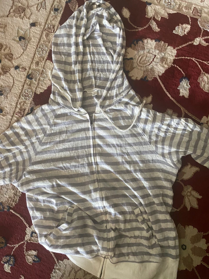 SUDADERA CON CAPUCHA CASLON LINO/CODÓN/SPANDEX S GRIS/BLANCO A RAYAS LIGERA CON CREMALLERA NUEVA SIN ETIQUETAS Foto 1 de 4