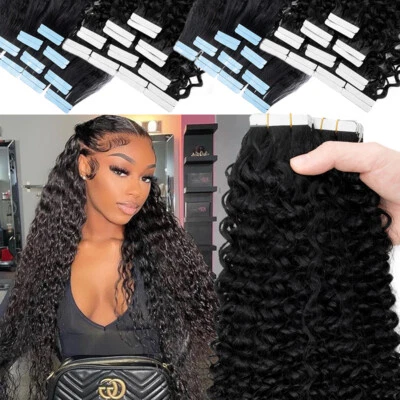 Curly Tape In Skin Weft 100% Human Hair Extensions Remy Double Drawn Thick 200G - Image 1 of 4
