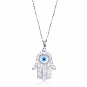 14K Solid White Gold CZ Hamsa Hand Evil Eye Pendant Rolo Chain Necklace Set Luck - Picture 1 of 3