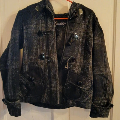 Guess серый/черный с капюшоном шерсти пальто с черный переключатель молнии, очень изящный, Med.-VGC! - Изображение 1 из 4