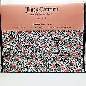 Juicy Couture Queen Sheet Set 6 Pieces Black White Cheetah Print With Red Crowns - Picture 1 of 2