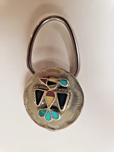 VINTAGE ZUNI MADE BIRD STERLING SILVER TURQUOISE & ONYX & PEARL KEY CHAIN RING - Picture 1 of 6