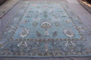 "8x12 Elegant Handmade Oushak Wool Rug – Serene Blue with Classic Floral Motifs" - Picture 1 of 8