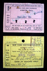 2 VINTAGE TICKETS, FOR 1 PASSAGE, ST.LOUIS-SAN FRANCISCO RY CO.+ NY. RR. CENTRAL - Picture 1 of 3