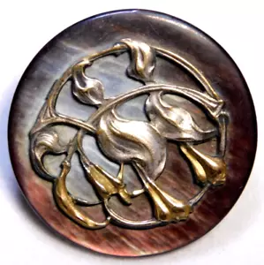 Large Antique Pearl Shell BUTTON with Applied Brass Art Deco Leaves NICE 1&3/8 - Picture 1 of 4