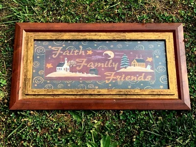 Vintage Saltbox Church Village FAITH FAMILY FRIENDS Moon Winter Wall Art ❤️sj8j - Image 1 of 4