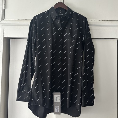 Camicia elegante BALENCIAGA Logomania Allover Popeline nera NUOVA Uomo taglia 38