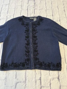 Vintage Lizwear Large Sweater Navy Zip Front Beaded Heavy, Beaded Large Sweater - Picture 1 of 9