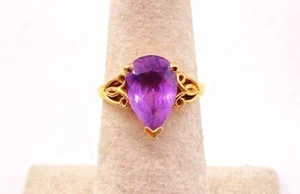 Anillo Amatista Oro Amarillo Sólido 10K Forma Pera Talla 5.5, 3.3gr. - Imagen 1 de 6