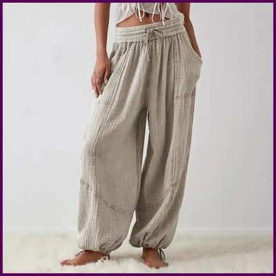 Women Harem Pants Summer Casual Vintage Cotton Linen Pants Elastic Waist Wide. - Image 1 of 4
