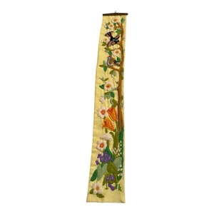 Hippie Bell Pull Crewel 5x37” Flowers Birds Vintage Cottage - Picture 1 of 8