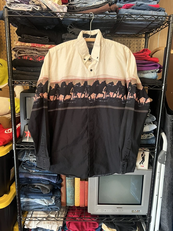 Camisa vintage con botones Roper Border para hombre XL Western Horses hecha en EE. UU. Foto 1 de 4