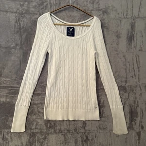American Eagle Pullover Damen Größe L Weiß Y2K Zopfmuster Preppy Coastal Neutral - Bild 1 von 8