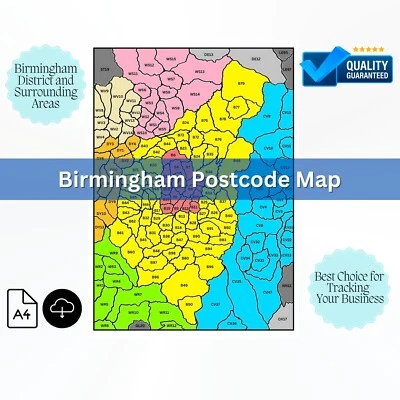 POSTCODE MAP of Birmingham Postal District Area A4 LAMINATED 100% Waterproof Map - Image 1 of 2
