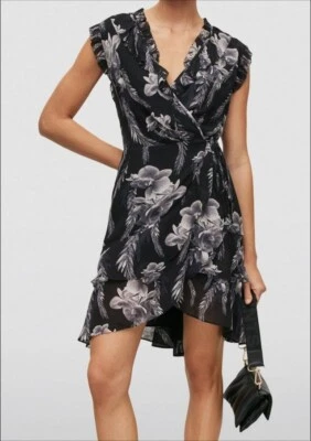 Vestido Allsaints Pequeño EE. UU. 2 Negro Plata Viscosa Floral Envoltura Volantes Borde Fiesta Foto 1 de 4