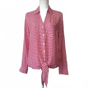 Jones New York kariert Button Down V-Ausschnitt Tasche 3/4 Langarm zum Binden rosa weiß S - Bild 1 von 8