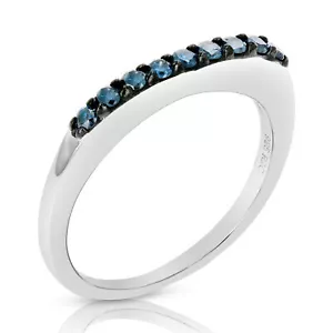 1/4 ct Blue Diamond Ring Wedding Band for Women .925 Sterling Silver Prong Round - Picture 1 of 14