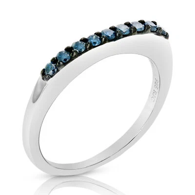 1/4 ct Blue Diamond Ring Wedding Band for Women .925 Sterling Silver Prong Round - Image 1 of 4