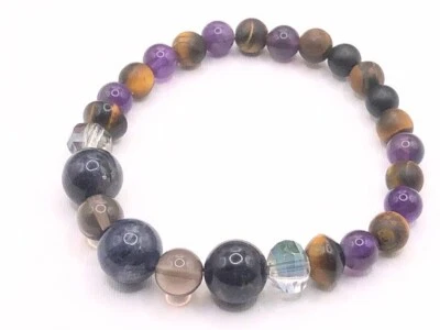 Pulsera elástica con cuentas hecha a mano ojo de tigre de iolita de vidrio amatista estilo boho Foto 1 de 4