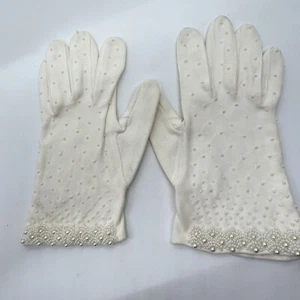 Vintage Cotton Blend Gloves Tiny White Pearls Beads Gloves Bride Wedding Size SM - Picture 1 of 5