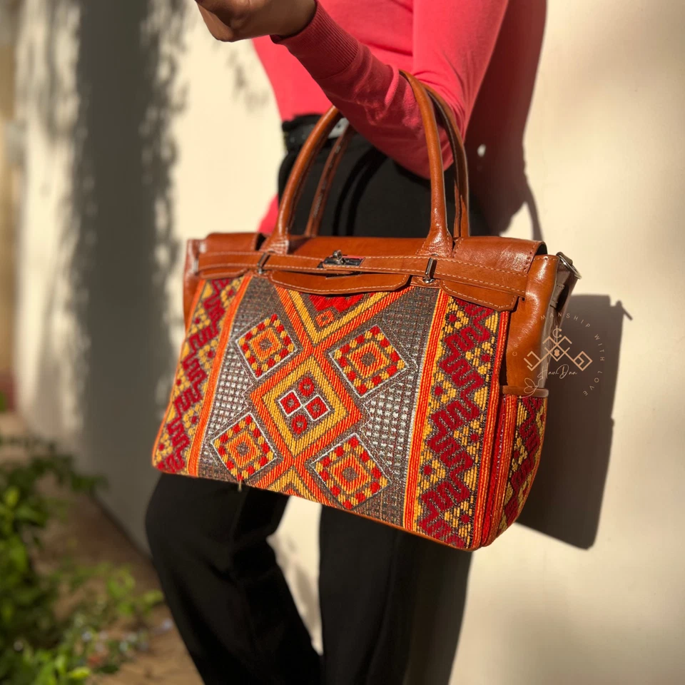 Medium Genuine Leather Shoulder Bag – Brown Leather & Orange Kilim Carpet Design - Image 1 of 4
