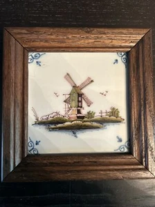Antique Hand Made Dutch Windmill Tile Makkum Delft- Framed in Wood RARE find - Picture 1 of 3