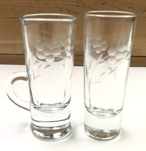 Crisa Heavy Bottom Double Shot Glasses Frost Etched Flower Leave Floral Set of 2 - Picture 1 of 6
