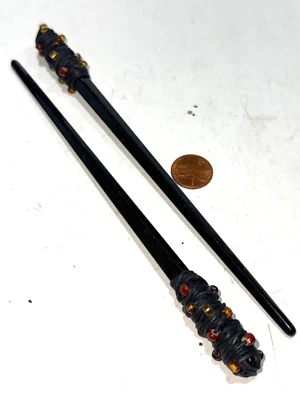 Set Of 2! Hair Sticks Black Wood W/ Multicolored Beaded Ends 7-3/8" Long - Image 1 of 2