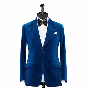 Men Blue Velvet Coat Jacket Blazer Designer Grooms Wedding Tuxedo Casual Dinner - Picture 1 of 2