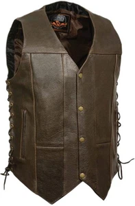 MEN'S RETRO BROWN 10 POCKET SIDE LACE MOTORCYCLE BIKER LEATHER VEST - SAMX - Picture 1 of 3