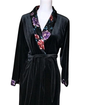Vintage Secret Treasures M Velvet Robe Jewel Tone Floral Cozy Comfy Lounge - Image 1 of 4