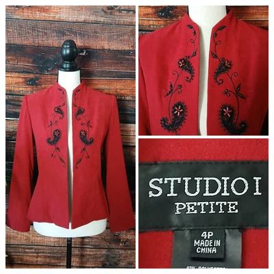 Blazer Studio I Talla 4 Petite 4P Rojo Frente Abierto Chaqueta Adornada Con Cuentas NUEVO Foto 1 de 4