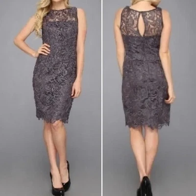 Adrianna Papell Illusion Neck Lace Sleeveless Charcoal Gray Sheath Dress Size 8 - Image 1 of 4