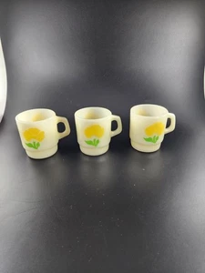 Fire King Yellow Poppy Flower Stackable Anchor Hocking Milk Glass Mugs Cups 3 - Imagen 1 de 17