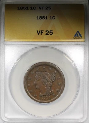 1851 Braided Hair Large Cent ANACS VF25 Chocolate Color - Image 1 of 4