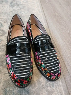 Betsey Johnson Rhinestone And Pearl Striped and Floral Loafers Size 11 m Bling  - Image 1 of 4