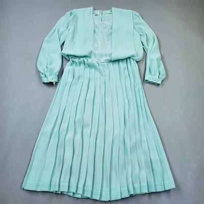 Vintage 80s Dim The Lights Pastel Seafoam Green Blouson Dress Sz 6 Secretary  - Image 1 of 4