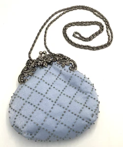 Vtg Jessica McClintock Blue Beaded Purse Pewter Toned Floral Top Kiss Lock - Picture 1 of 8