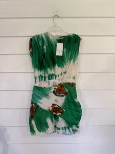 NEW ZARA WOMAN ASYMMETRIC SHORT PRINTED DRESS GREEN SASH SIZE XL Y858F - Picture 1 of 13