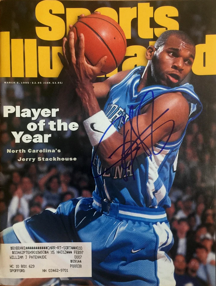 Jerry Stackhouse Carolina del Norte Tacones Alquitranados Autografiados Deportes Ilustrados 3/6/95 Foto 1 de 1