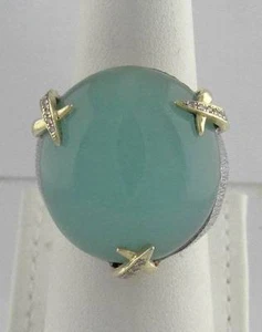 LADIES 925 18K YELLOW GOLD TEXTURED CABOCHON CHRYSOPRASE DIAMOND RING 7 3/4 - Picture 1 of 5