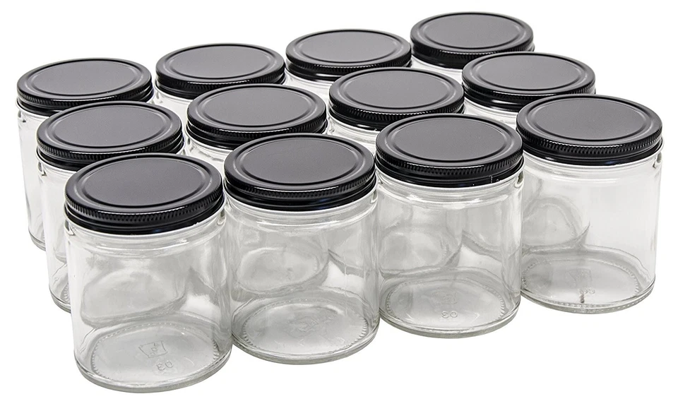 9 oz Straight-Sided Clear Glass Jars with Black Lids (Case of 48) - Image 1 of 1